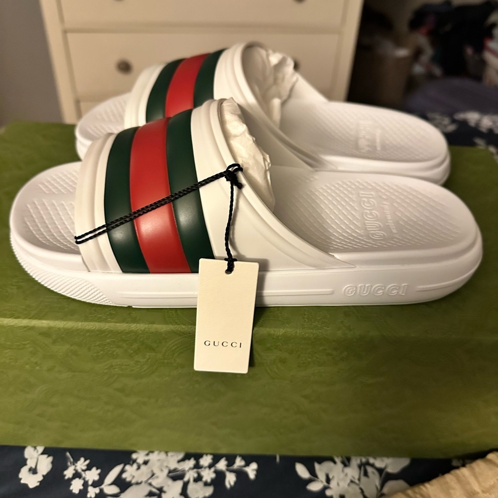 Gucci White Slides with Red and Green Accents